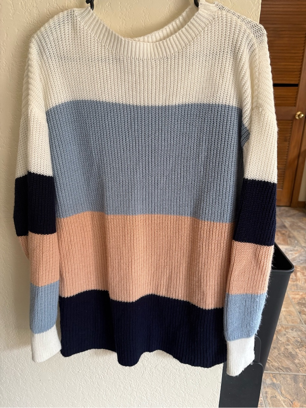 SHEIN Colorblock Crewneck Sweater in White, Light Blue, Peach & Navy